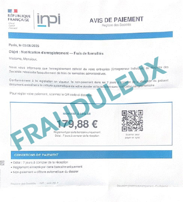 Exemple de courrier frauduleux concernant des frais de formalités d'entreprises