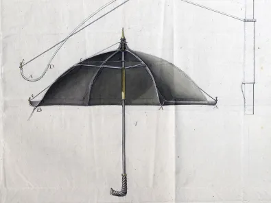 Vu sur le shéma d'un parapluie équipé d'une gouttière sur le pourtour, extrait du brevet d'invention déposé le 14 décembre 1809 par Antoine-François Berte