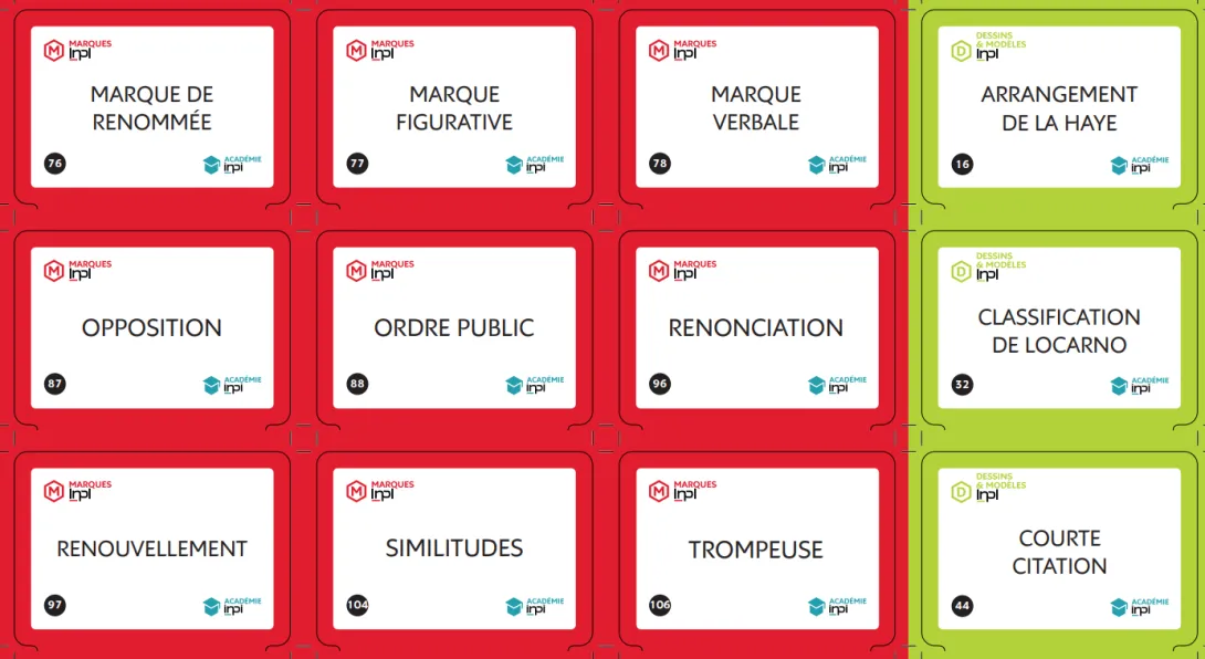Cartes du jeu Chrono PI de l'Académie INPI, représentant des concepts de marques et de dessins & modèles, comme marque figurative, opposition ou classification de Locarno.