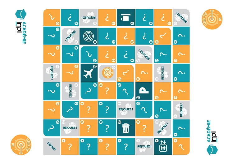 Image du plateau de jeu "Objectif PI" de l'Académie INPI, avec des cases colorées bleues et orange représentant des défis et des actions à faire en lien avec la propriété intellectuelle.