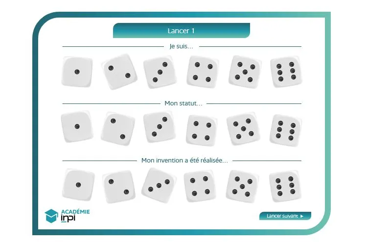 Interface du jeu "Qui dépose", montrant des dés virtuels utilisés pour déterminer le rôle, le statut et la réalisation d'une invention.