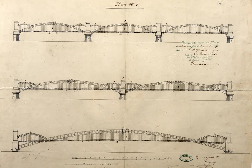 Extrait du brevet n° 10395 déposé par Jean-Louis Vergniais en 1850 (Deuxième République) et décrivant « « un système de ponts suspendus » pour Lyon