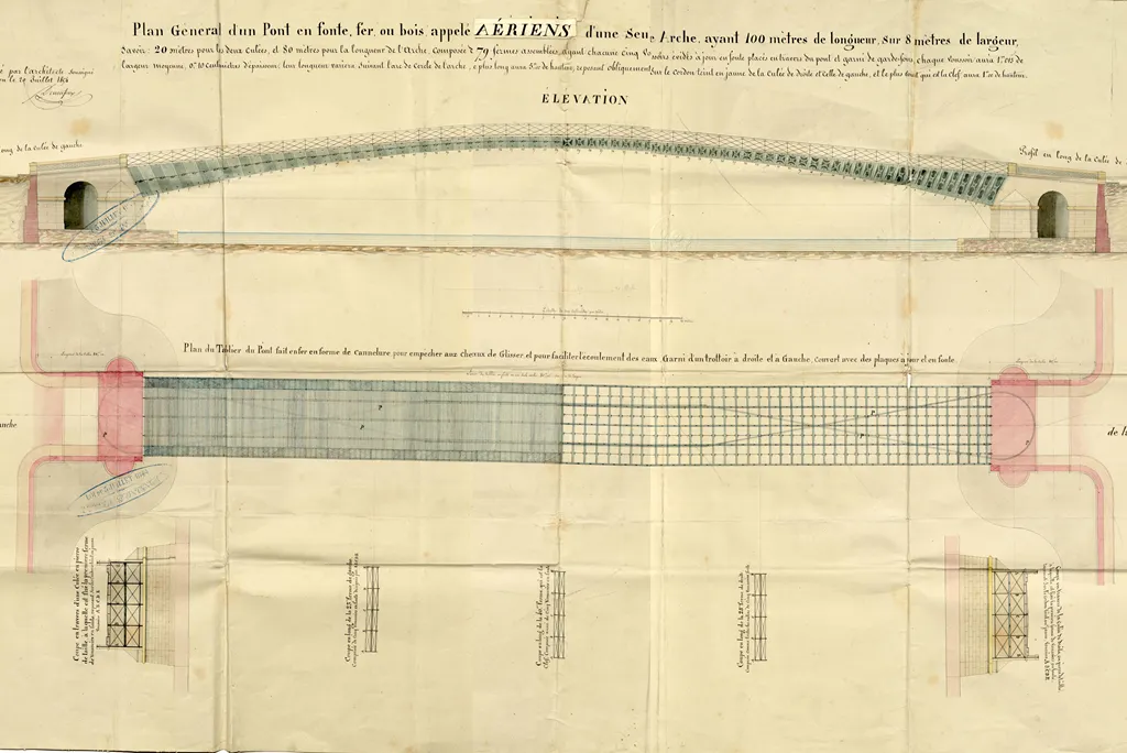 Extrait du brevet n°20321 déposé par Antoine Denonfoux en 1854 (Second Empire) décrivant un pont aérien d’une seule arche