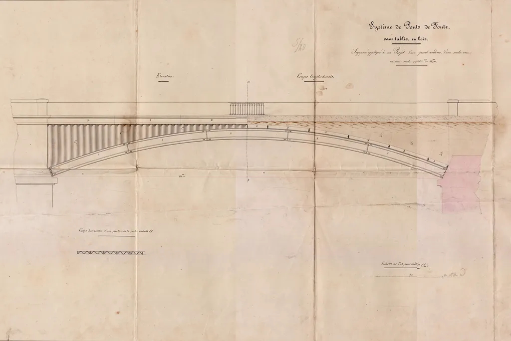 Extrait du brevet n° 9677 déposé par Amélie de Dietrich en 1850 (Deuxième République) décrivant « un système de ponts en fonte »
