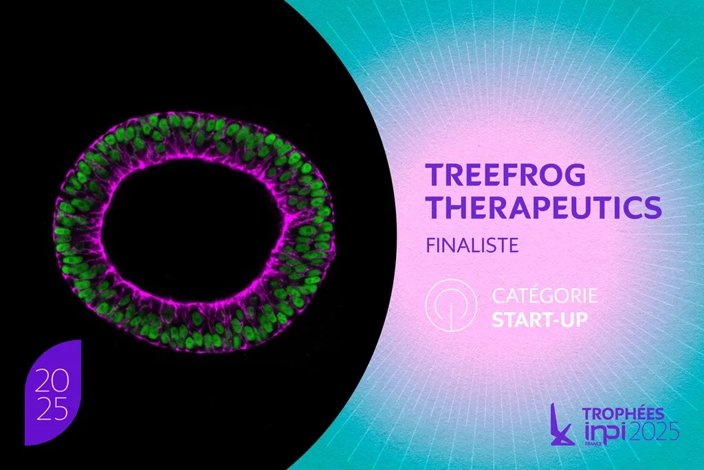 La photo de microscopie fluorescente d’une cellule souche. La structure cellulaire est noire au centre, cernée de violet, de vert, puis à nouveau de violet. Sur le côté droit, on peut lire "TREEFROG THERAPEUTICS" en grand, suivi de "FINALISTE"