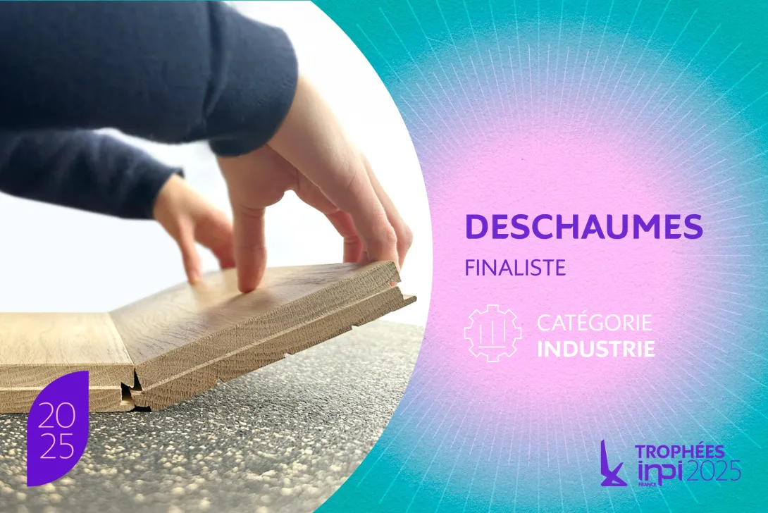 L'image montre des mains assemblant deux planches de parquet en bois clair. L'arrière-plan présente une superposition de couleurs turquoise et rose avec des rayons blancs émanant d'un point central. Sur le côté droit, on peut lire "DESCHAUMES" en grand, s