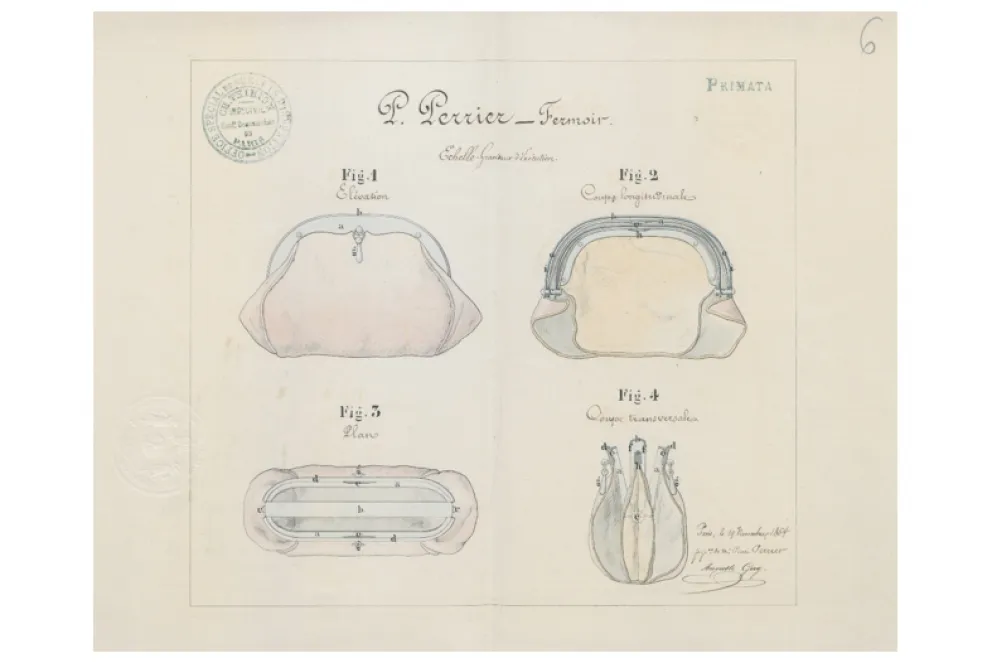 Brevet déposé le 19 novembre 1864 par Pierre Perrier pour un genre de fermoir à ouverture invisible, pour porte-monnaie, bourses, sacs, étuis, etc