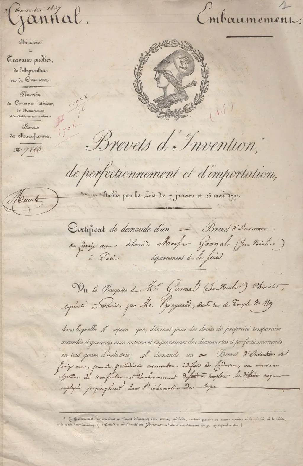 Vue sur la première page du brevet d’invention déposé le 11 août 1837 par Jean-Nicolas GANNAL