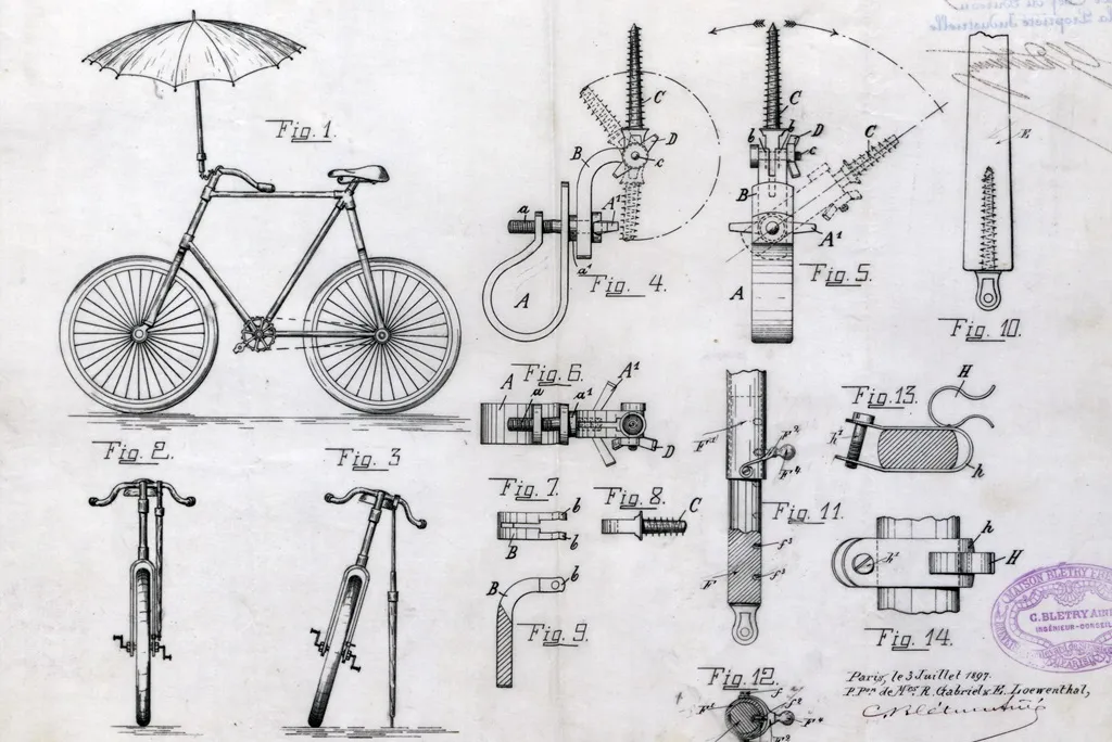 Plusieurs vues sur un vélo équipé d'un porte-parapluie inventé par Gabriel et Lowenthal