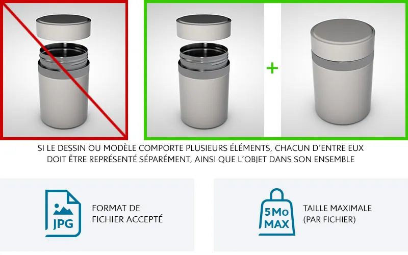 Représentation correcte et incorrecte d’un modèle avec plusieurs éléments. Chaque élément doit être montré séparément, avec l’objet complet. Formats acceptés : JPG et PNG. Taille maximale : 5 Mo par fichier.