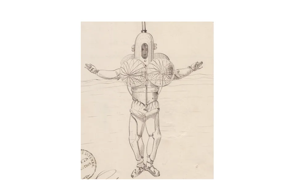  Brevet d'invention déposé le 11 mars 1843 par Jacques Antoine Roger Fortuné Durand De Monestrol marquis d'Esquille pour une « machine à plonger dite plongeur à ballons sous-marins »