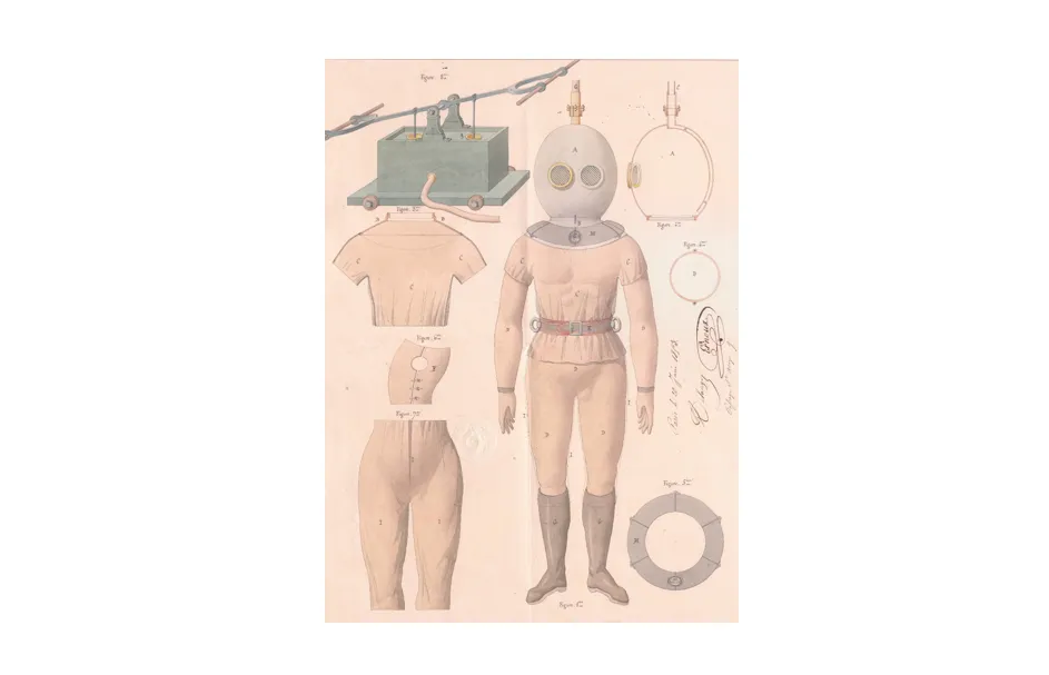 Brevet d'invention déposé le 21 juin 1853 par Delange et Ernoux pour un « appareil de sauvetage perfectionné »