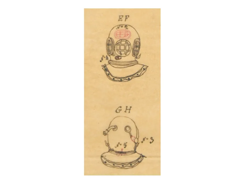 Brevet d'invention déposé le 20 février 1860 Joseph Martin Cabirol pour un « appareil de plongeur dit scaphandre »