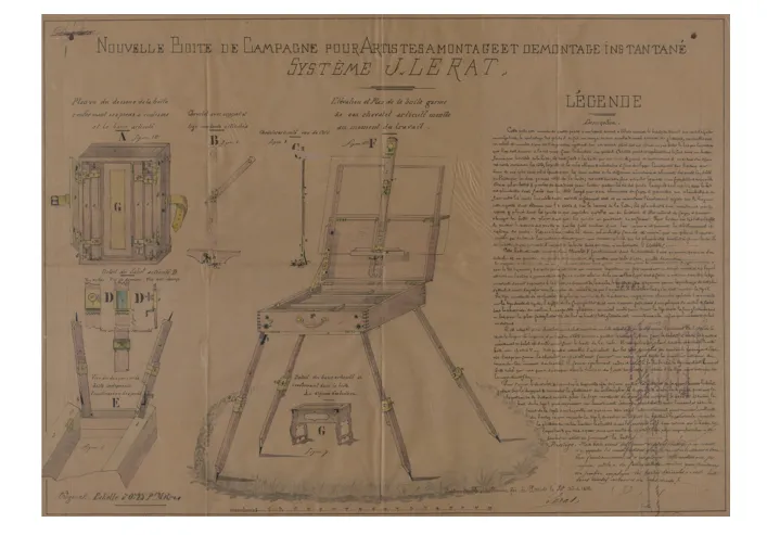 Brevet d’invention n°178342 déposé le 4 septembre1886 par Jean LERAT pour « une nouvelle boîte de campagne pour artistes-peintres à montage et démontage instantanés » 
