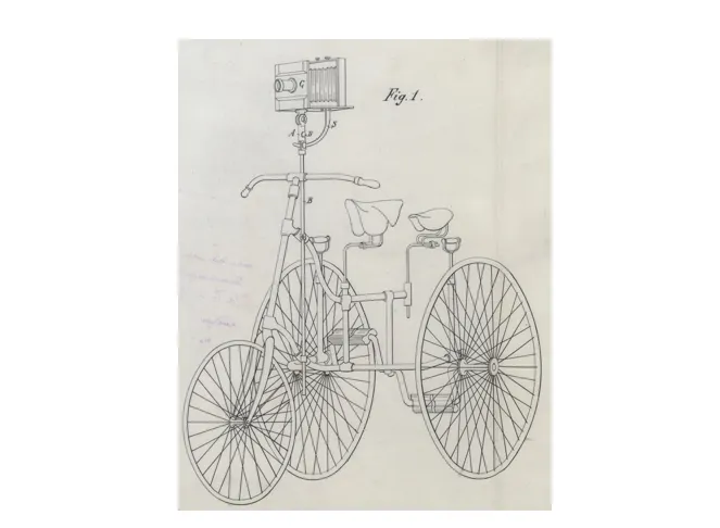 Brevet d’invention n°191003 déposé le 4 juin 1888 par Jean DELTON pour « un nouveau support d'appareil photographique permettant d'adapter les chambres aux tricycles et aux bicycles au moyen duquel ces derniers forment le pied de l'appareil » 