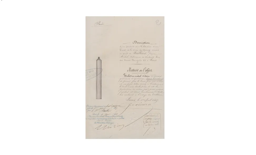 Planche du brevet d'invention de 15 ans n°1BB31605 déposé le 1er avril 1857 par Jacques-Michel PAILLARD pour "des tubes en métal d'étain sans les bouchons, fermés au moyen d'une culasse et d'un téton" 