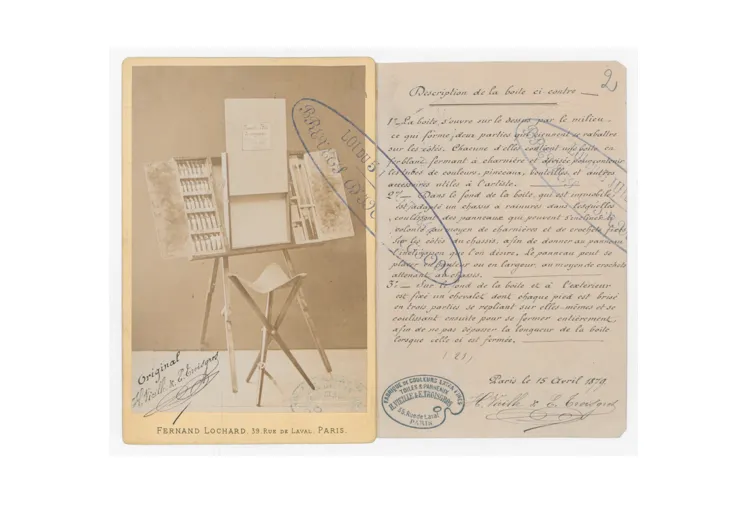 Planche du brevet d'invention de 15 ans n°1BB130203 déposé le 18 avril 1879 par la société H. VIEILLE et E. TROISGROS pour "une boîte de campagne pour artiste peintre" 