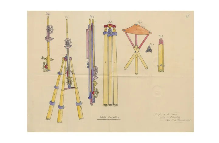 Planche du brevet d'invention de 15 ansn°1BB172821 déposé le 10 décembre 1885 par Antoine Z. VOUROS pour "un chevalet de campagne combiné avec un pliant pour peintres"