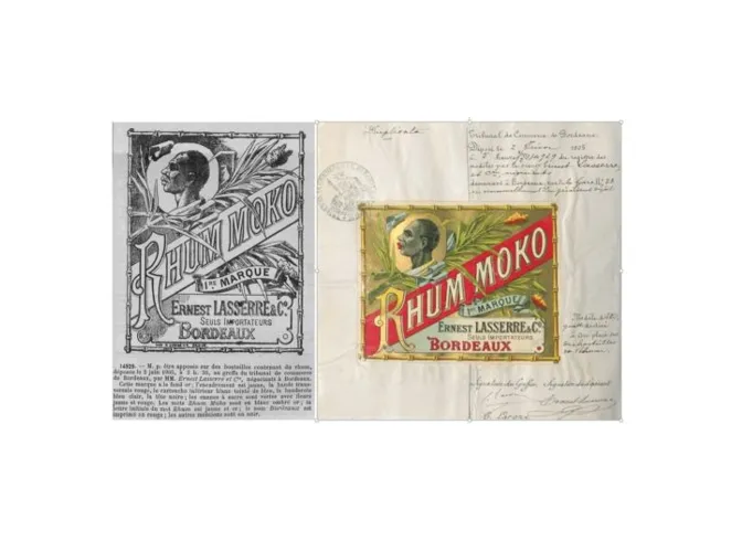 Marque Rhum Moko, déposée le 2 juin 1905 par Ernest Lasserre au greffe du tribunal de Bordeaux, destinée à des bouteilles de rhum, accompagnée de sa notice publiée au BOPI
