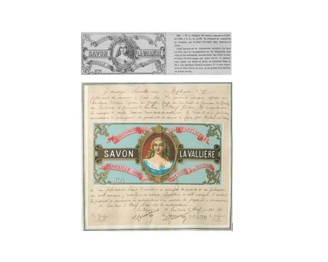 Marque Savon la Valliere, déposée le 9 juillet 1890 par Ferraille aîné au greffe du tribunal de Roubaix, destinée à distinguer des savons