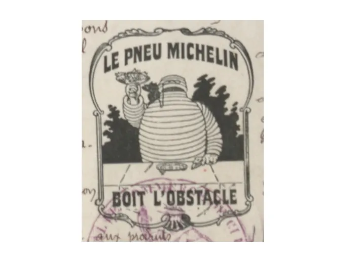 Marque non-verbale "Le pneu Michelin boit l’obstacle" déposée le 4 janvier 1908 par la société Michelin et compagnie au greffe du tribunal de Clermont-Ferrand