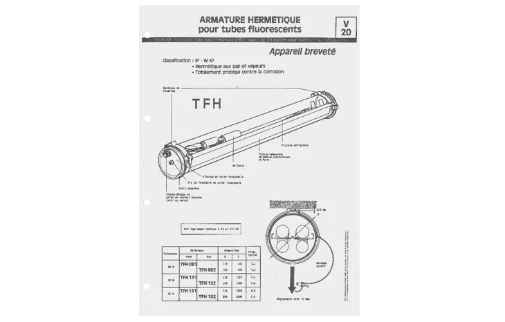 Le Tube fluorescent hermétique (TFH), luminaire initialement destiné à l’éclairage industriel dont le brevet fut déposé par Sammode en 1967 -  © Sammode