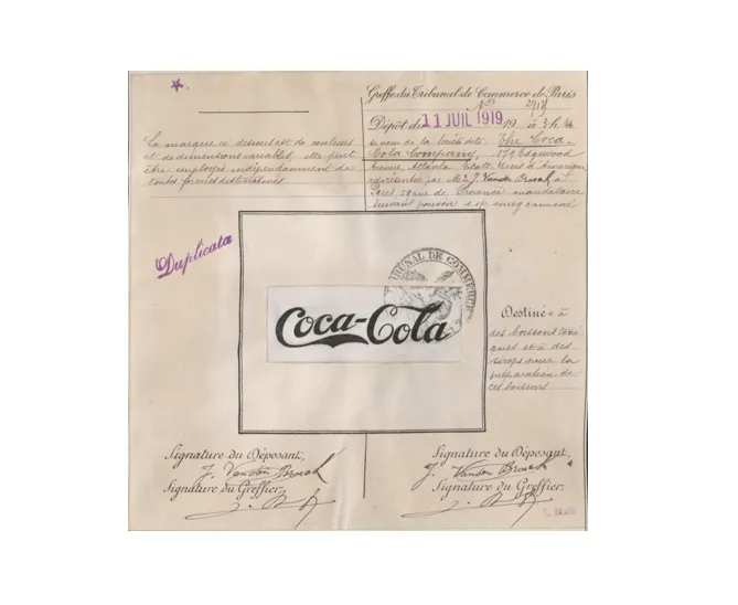 Première marque Coca-Cola, déposée par la société The Coca-Cola company d’Atlanta, Etats-Unis, au greffe du tribunal de Paris le 11 juillet 1919