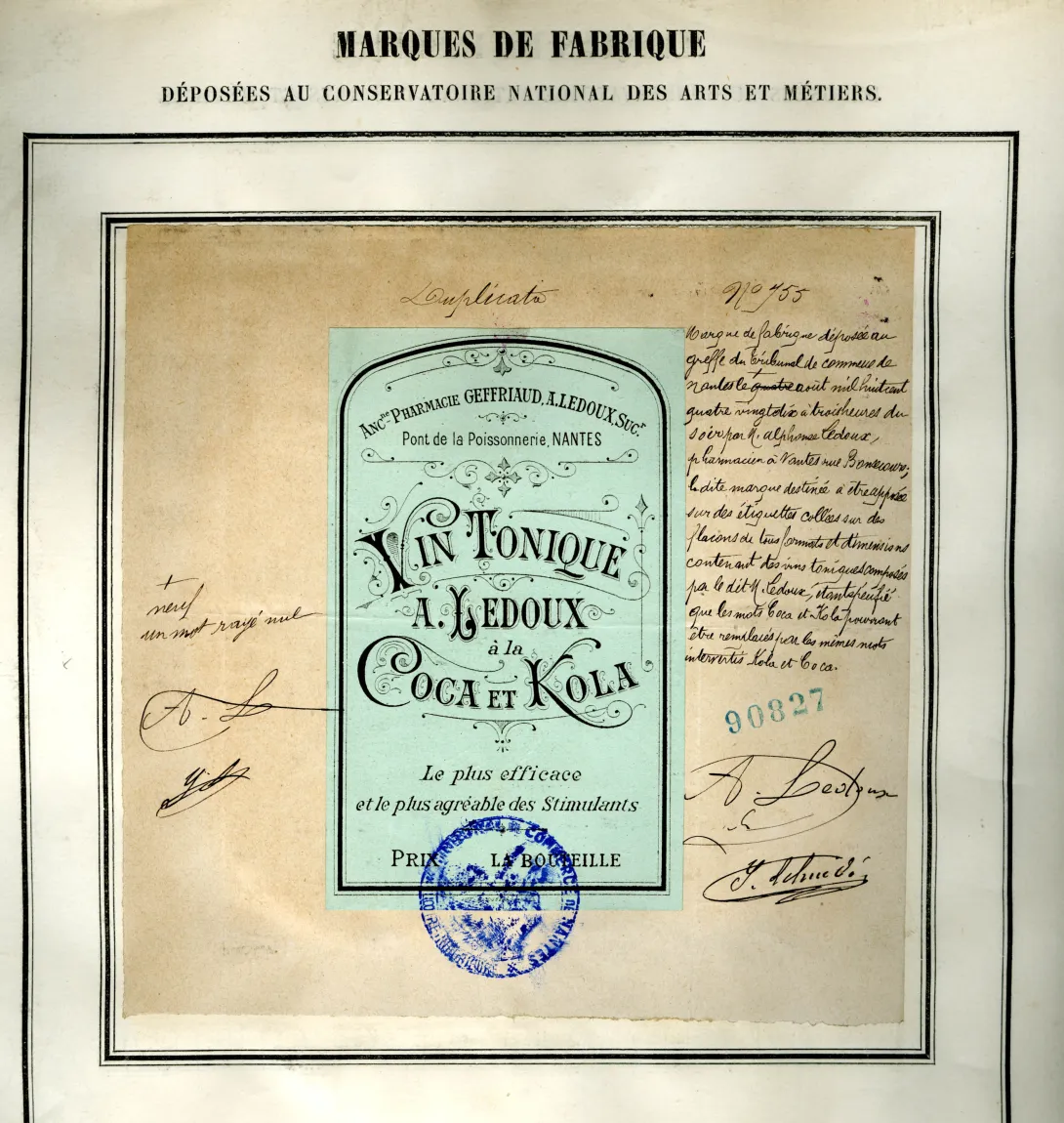 Marque déposée le 9 août 1890 au greffe de Nantes par Alphonse Ledoux, pharmacien, destinée à être appliquée sur des étiquettes de flacons de vins toniques
