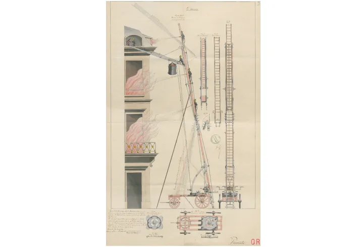 Brevet  déposé le 15 avril 1845 par le baron Dirck Van Lockhorst pour un appareil de sauvetage, dit le sauveur, destiné à retirer, en cas d'incendie, des appartements embrasés, les personnes et les objets précieux, et à dominer et maîtriser promptement les flammes 