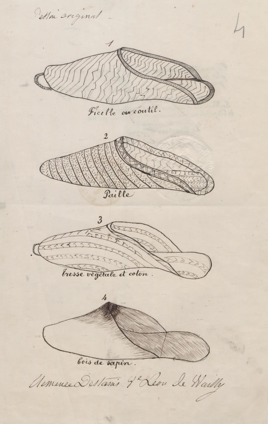 Planche du brevet d’invention n°61745 déposé le 21 janvier 1864 par la veuve Clémence DE WAILLY née D’ESTAINS pour "une chaussure de bain dite chaussure hydro-thérapique"