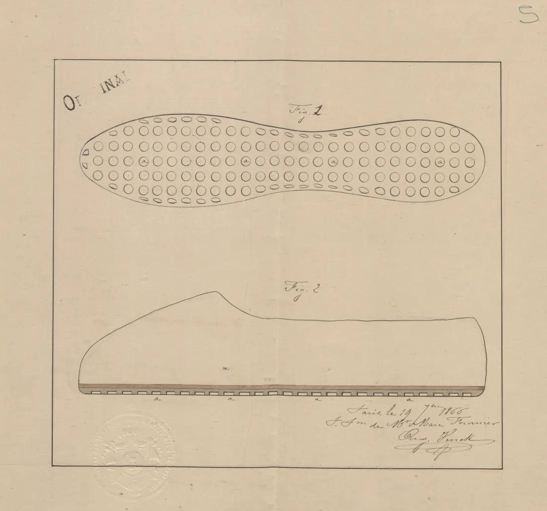 Planche du brevet d’invention n°72981 déposé le 19 septembre 1866 par Jean-Marie-Louis dit Marc FOURNIER pour "un système de semelles à ventouses applicables aux chaussures de danse et autres"