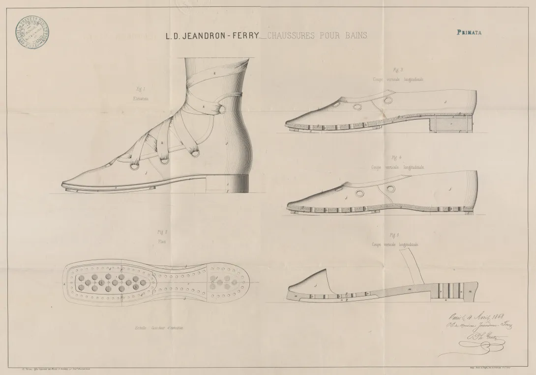 Planche du brevet d’invention n°80335 déposé le04 avril 1868 par Louis-Désiré JEANDRON-FERRY pour "un genre de chaussure pour bains de mer ou de rivière"