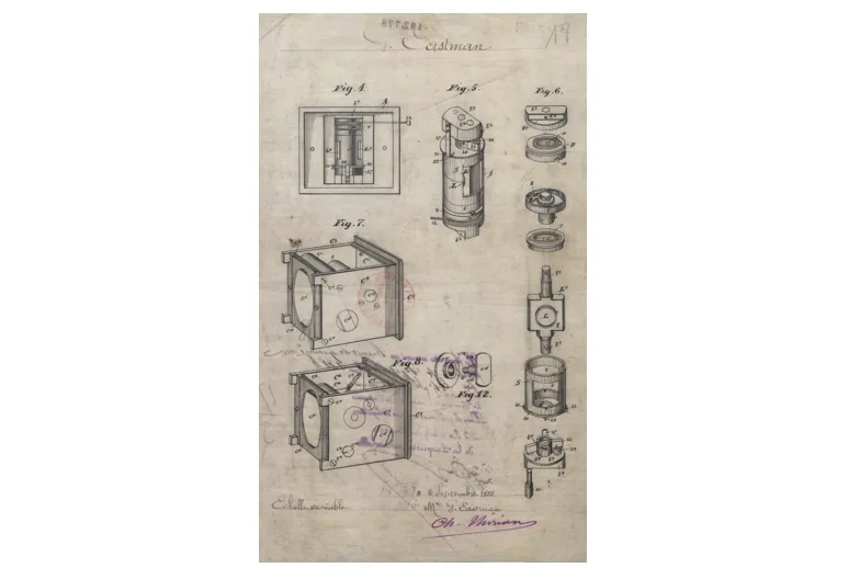 Brevet d'invention déposé le 04 septembre 1888 par George Eastman pour « des perfectionnements dans les chambres noires photographiques » 