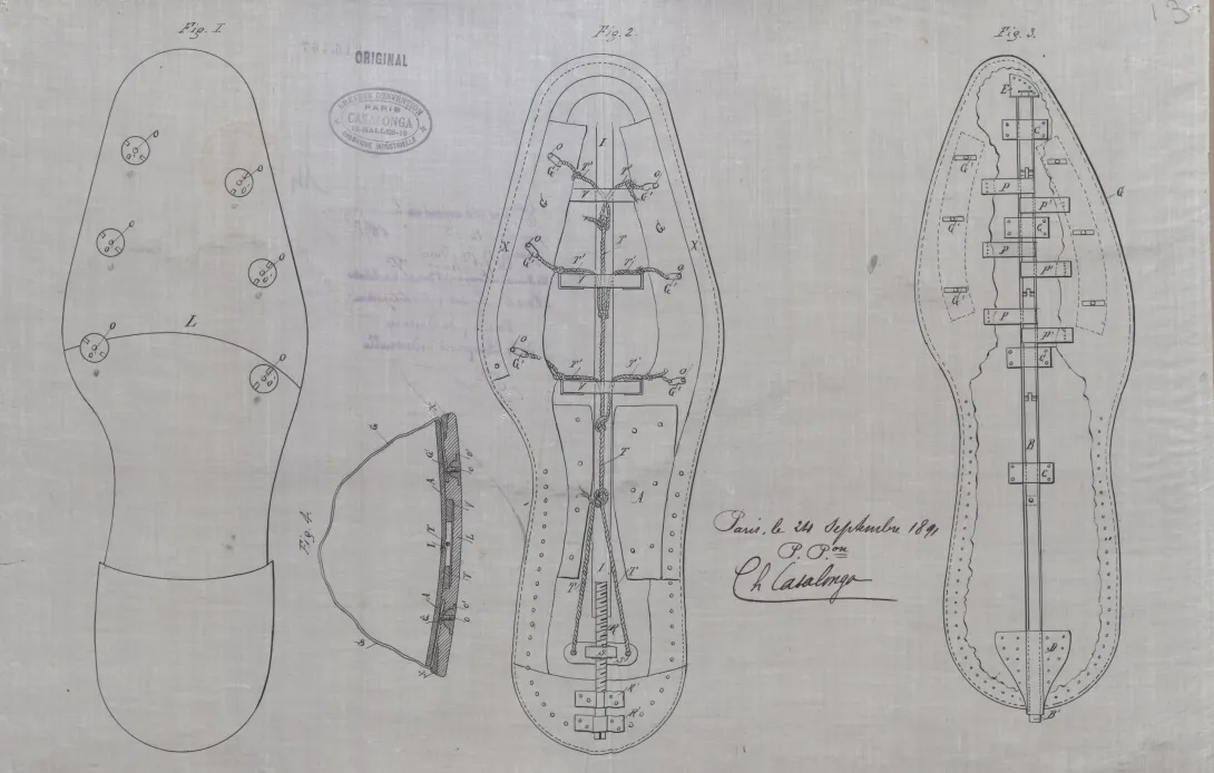 Planche du brevet d’invention n°216467 déposé le 24 septembre 1891 par Ramon JOU Y FARRE pour "un procédé pour élargir et rétrécir la chaussure en l'accommodant au contour du pied"