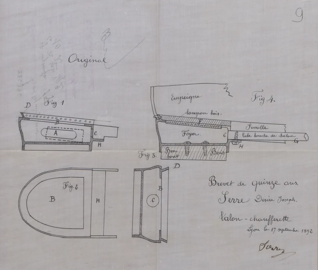 Planche du brevet d’invention n°224334 déposé le 17 septembre 1892 par Désiré-Joseph SERRE pour "un talon de chaussure dit talon chaufferette"