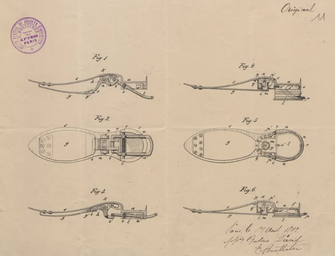 Planche du brevet d’invention n°231901 déposé le 1er août 1893 par Gustave DAVID pour "une chaussure élastique, système pneumatique ou à ressort"
