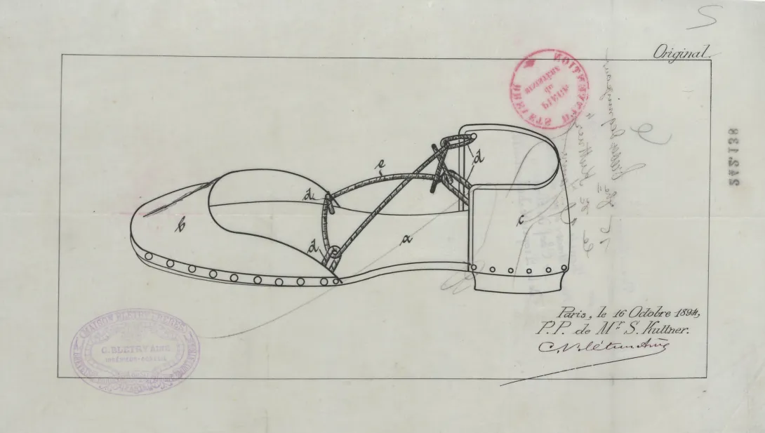 Planche du brevet d’invention n°1BB242138  déposé le 16 octobre 1894 par Simon KUTTNER pour "des sandales de bain"