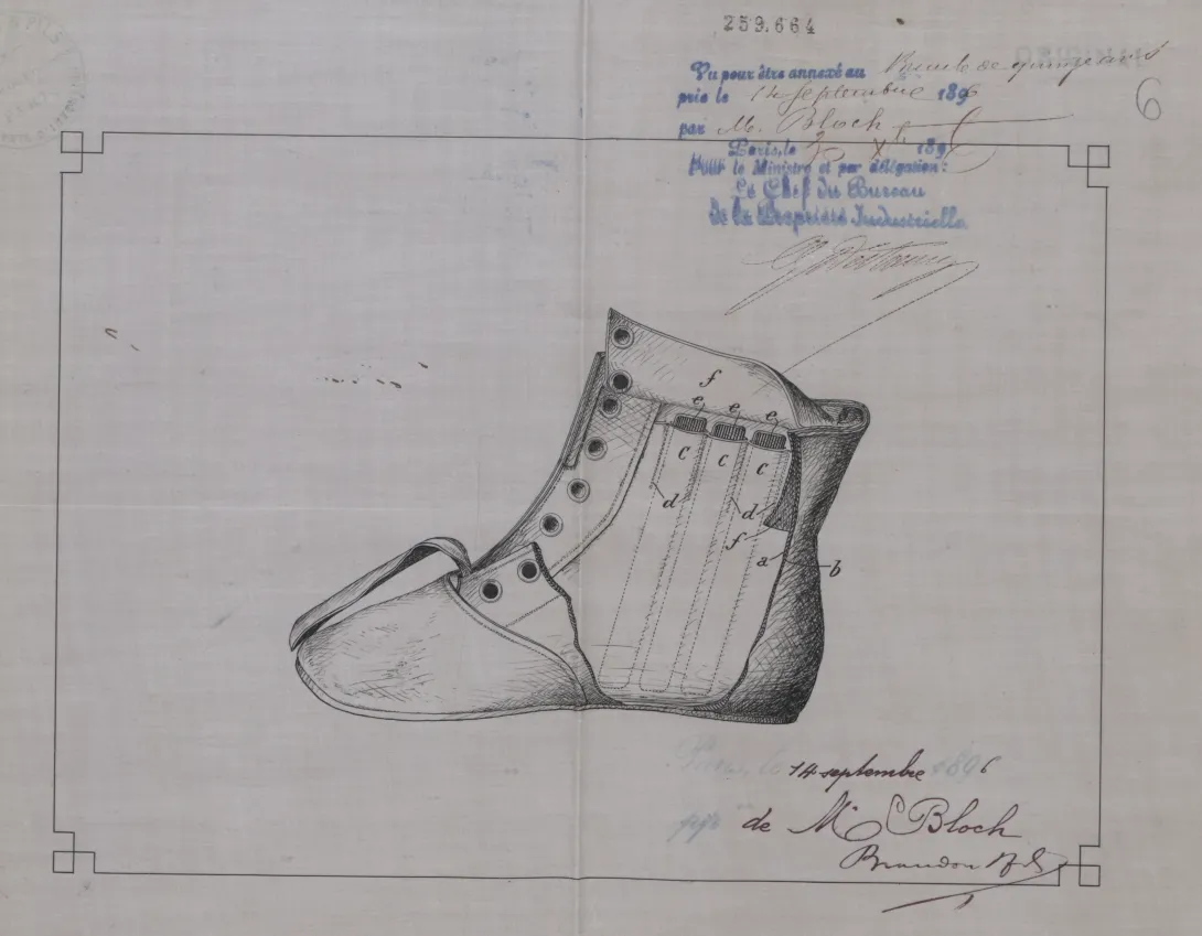 Planche du brevet d’invention n°259664 déposé le 14 septembre 1896 par Adolphe BLOCH pour "un genre de chaussure à tige renforcée maintenant la cheville des personnes ayant la cheville faible"