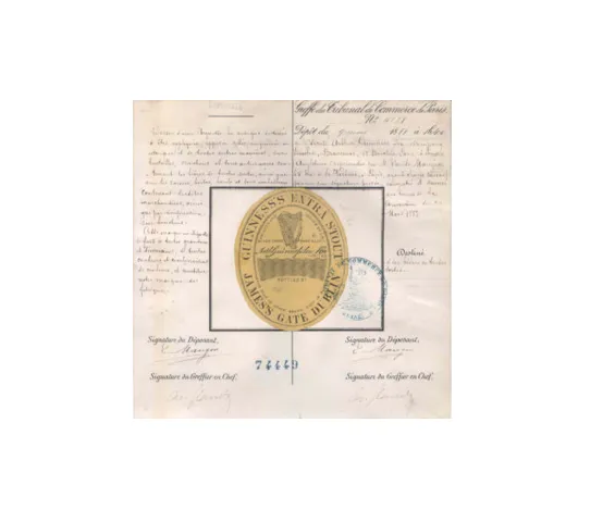 Marque Guinness's Extra Stoout déposée par la société Arthur Guinness son & company limited en Angleterre le 9 mars 1888, destinée à des bières de toutes sortes
