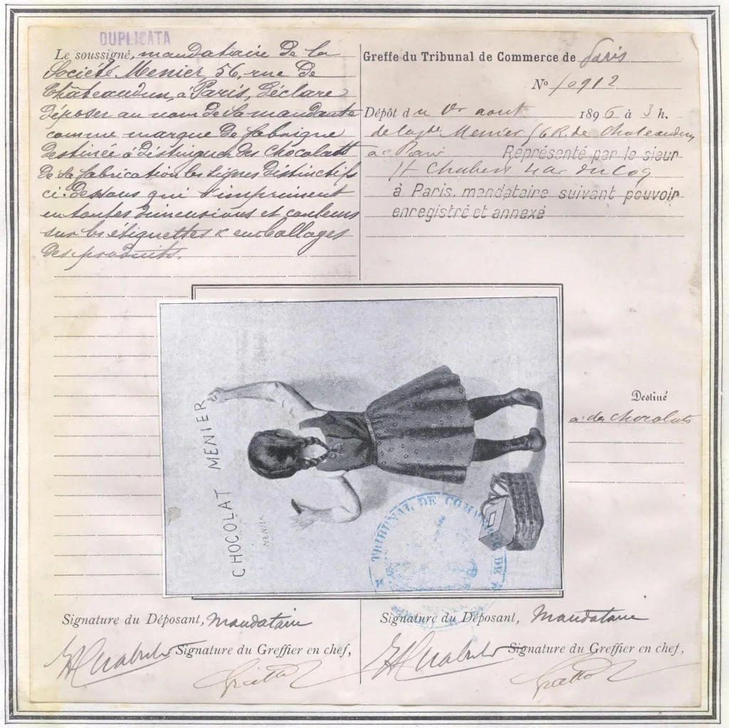 Marque déposée le 1e août 1886 au greffe du tribunal de commerce de Paris par la société Menier, destinée à distinguer des chocolats