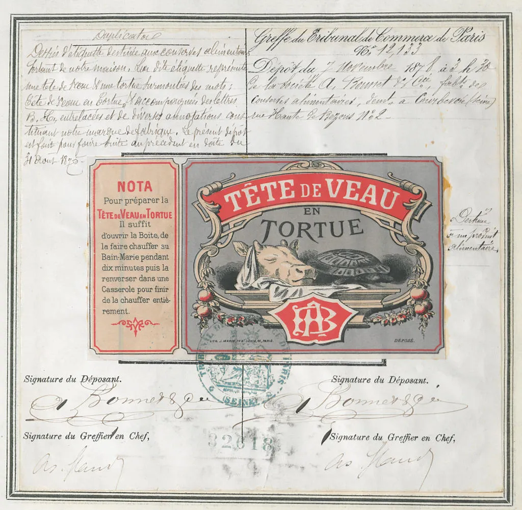 Marque déposée le 7 novembre 1878 au greffe du tribunal de Paris par A. Bonnet et Cie, fabricant de conserves alimentaires, pour un dessin d’étiquettes destiné aux conserves alimentaires