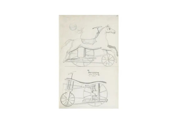 Brevet d'invention déposé le 08 mai 1843 par Alexandre MERCIER pour « un mécanisme à adapter à des chevaux et à des voitures en bois, que l'on fait agir avec les pieds ».