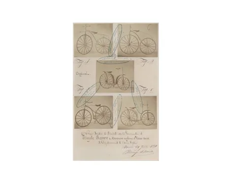 Brevet d'invention déposé le 30 septembre 1871 par Émile VIARENGO DE FORVILLE pour « un système de vélocipède dit bicycle-ressort à mouvement uniforme et vitesse variée, et perfectionnement de l'ancien système ». 
