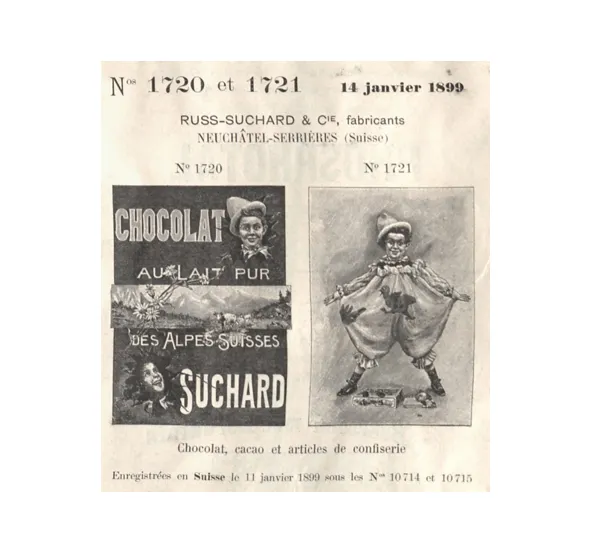 Marques Suchard, déposées par Russ-Suchard & Cie à Neuchâtel-Serrières en Suisse le 14 janvier 1899, destinées à du chocolat, cacao et articles de confiserie
